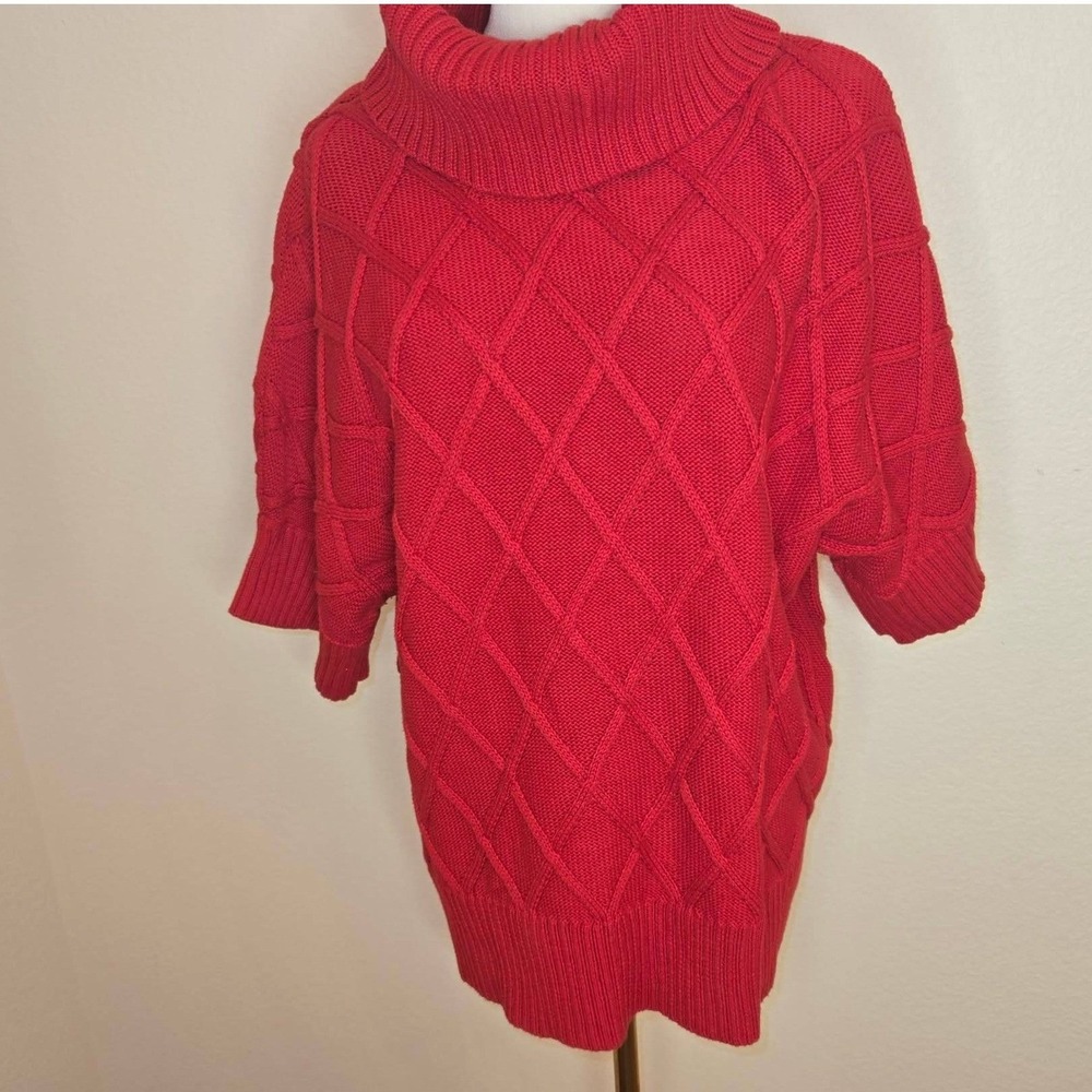 CJ Banks Plus Size1X Red Chunky Cable Knit Cowl Neck Short Sleeve Cotton Sweater